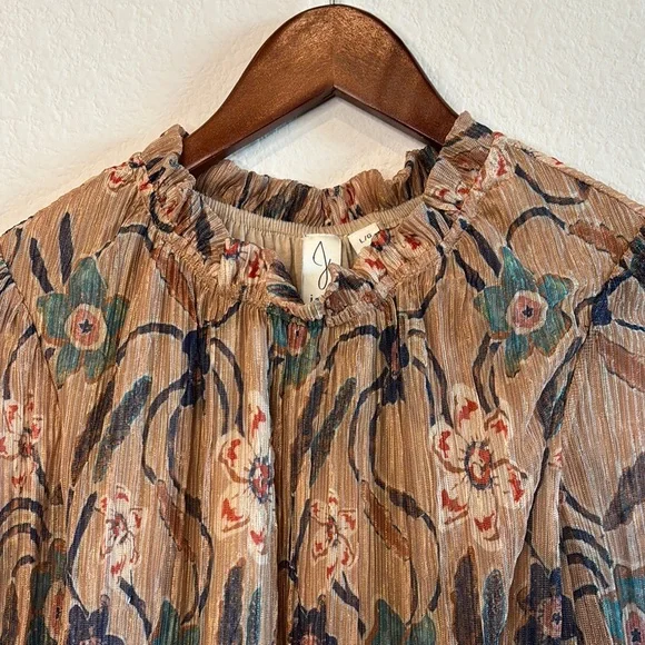 Joie Brocade High Neck Smocked Waist Tan Multicolor Shimmer Floral Top L - Picture 6 of 11